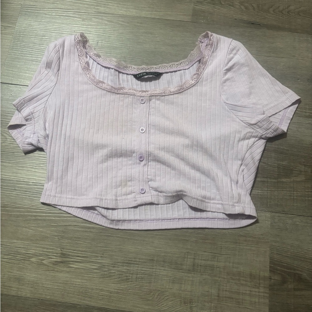 SHEIN Lilac Button-Up Crop Top with Lace